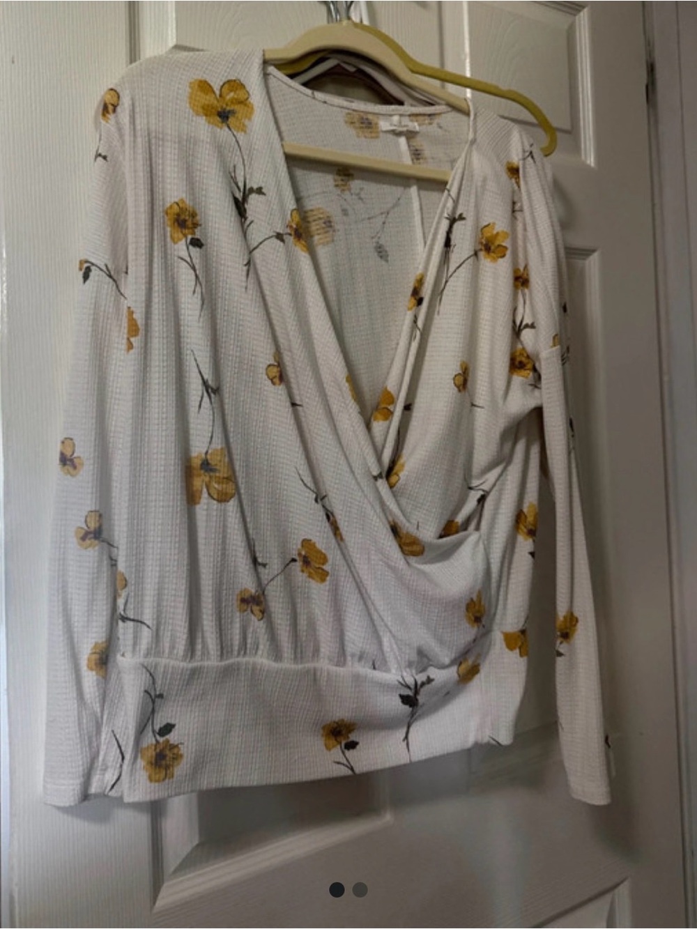 Mango White Wrap Long-Sleeve Top with Yellow Floral Print
